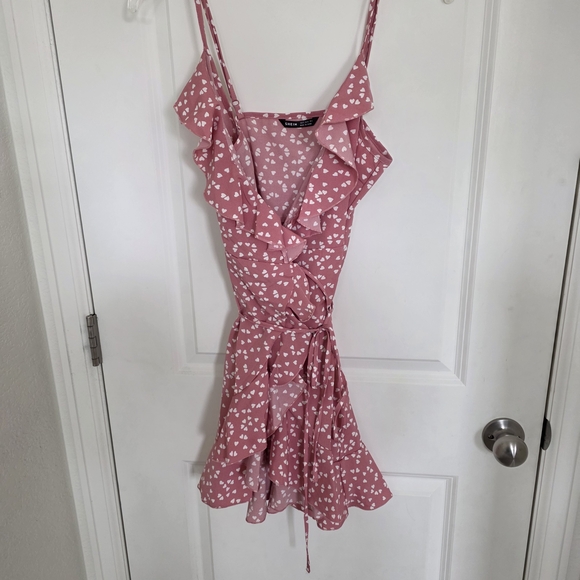 Pink Heart-Print Ruffle Wrap Dress - Picture 2 of 13